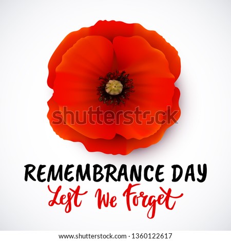 Remembrance day vector card with bright red Poppy flower. Lest we forget hand written lettering. Foto stock © 