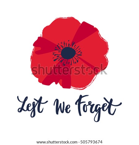 Vector illustration of a bright poppy flower. Remembrance day symbol. Lest we forget lettering. Foto stock © 