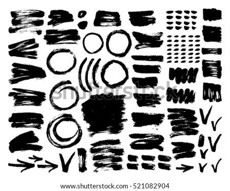 Vector ink and paint textures set. Grungy hand drawn lines, spots, hearts, drops and stains.