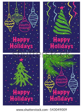 Happy Holidays Vector Cards Set. Hand Drawn Christmas Card Elements