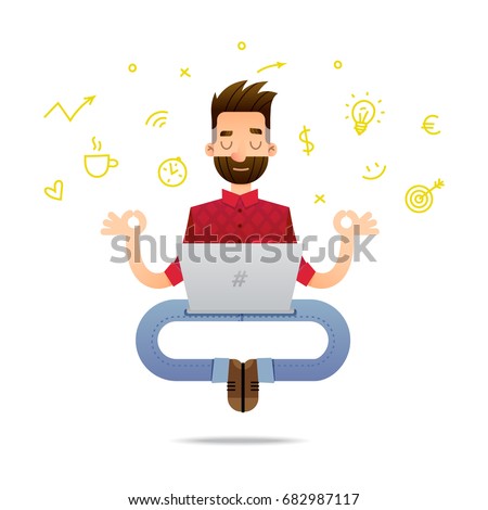 Vector illustration of a super professional programmer or project manager. Funny cartoon character of a person in a yoga pose.