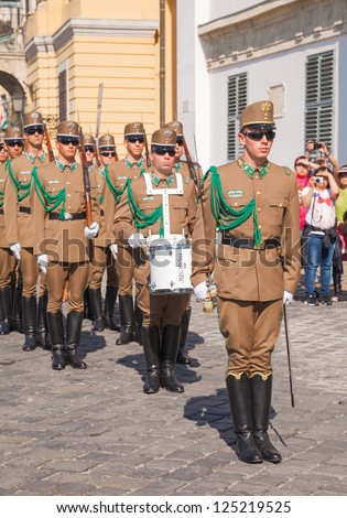 BUDAPEST - OCTOBER 03: Guards of honor at the Presidential palace on October 03, 2012 in Budapest. Honor guards are to provide funeral honors for fallen comrades and to guard national monuments.