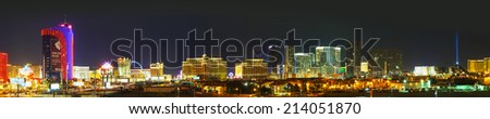 LAS VEGAS - April 19: Overview of downtown Las Vegas in the evening on April 19, 2014 in Las Vegas. It\'s the most populous city in the state of Nevada and the county seat of Clark County.