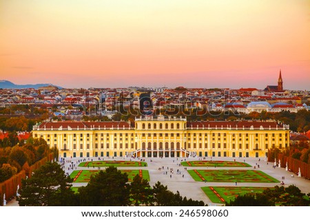 VIENNA - OCTOBER 19: Schonbrunn palace at sunset on October 19, 2014 in Vienna. It's a former imperial 1,441-room summer residence and one of the most important cultural monuments in the country.