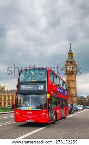 LONDON - APRIL 4: Iconic red double decker bus on April 4, 2015 in London, UK. The London Bus is one of London\'s principal icons, the archetypal red rear-entrance Routemaster recognised worldwide.