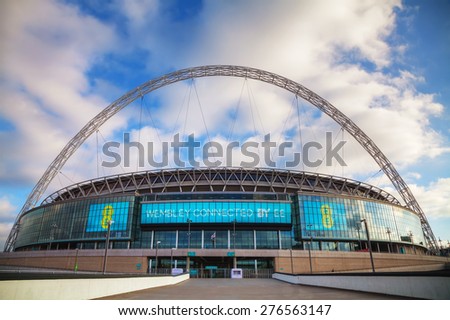 LONDON - APRIL 6: Wembley stadium on April 6, 2015 in London, UK. It\'s a football stadium in Wembley Park, which opened in 2007 on the site of the original Wembley Stadium which was demolished in 2003