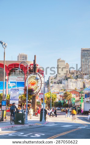 SAN FRANCISCO - APRIL 24: Famous Fisherman\'s Wharf on April 24, 2014 in San Francisco, California. It\'s one of the busiest and well known tourist attractions in the western United States.