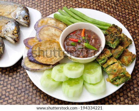 thai food, Fried Mackerel fish chili sauce and fried vegetable with egg