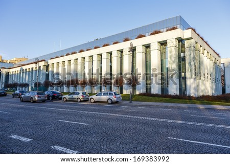 WARSAW - DECEMBER 28: Supreme Court Building, on its 63 columns shows 86 maxims of law, built in 1996 to 1999 by architects Marek Budzynski & Zbigniew Badowski, in Warsaw, Poland on December 28, 2013