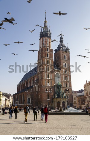 KRAKOW, POLAND - FEBRUARY 26, 2014: Church Assumption of the Blessed Virgin Mary, also called St. Mary\'s Church, since 1962 holding the title of minor basilica