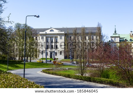 WARSAW, POLAND - APRIL 05, 2014: Building of mortgage department of the district court, built in 1913, damaged during the Warsaw Uprising 1944, renovated after 1945
