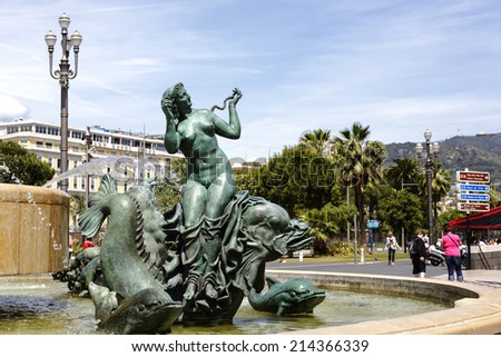 NICE, FRANCE - MAY 20, 2014: Venus, one of five statues that surround Apollo at Fountain of the Sun, unveiled in 1956, located on the south side of Place Massena