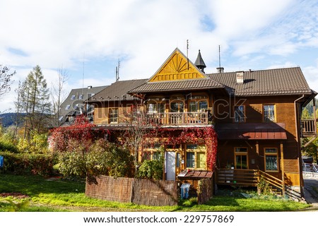 ZAKOPANE, POLAND - OCTOBER 16, 2014: Wooden Villa Krywan, formerly known as Karpacka, built approx. 1898, listed in the municipal register of architectural heritage