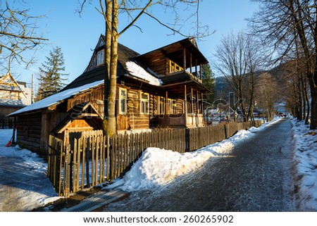 ZAKOPANE, POLAND - MARCH 08, 2015: Made of wood Villa Koszysta, built in 1902, located at Pilsudskiego street, listed in the register of architectural monuments