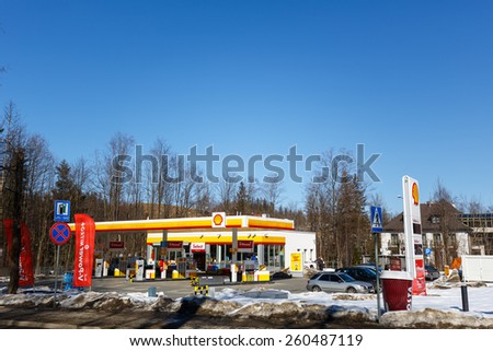 ZAKOPANE, POLAND - MARCH 09, 2015: Shall Gas Station launched in 2012, belongs to a global group of energy and petrochemicals companies whose origins date back to 1890