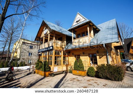 ZAKOPANE, POLAND - MARCH 09, 2015: The restaurant called Little Switzerland in a historic, wooden villa dating from 1888, formerly villa was called Anielowka