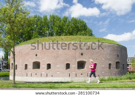 Weesp, Netherlands - May 21, 2015: Fort on the Ossenmarkt: old fortress tower is heart of the fortress Weesp, Netherlands