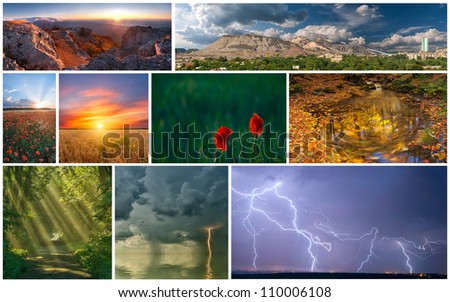 Set of various beautiful landscapes: mountains, thunderstorm, sunrise, sunset, field of flowers, lightning, autumn