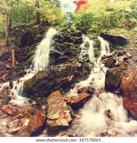 Vintage autumn landscape with waterfall in the mountains