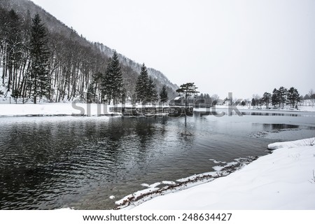 Beautiful winter scenery by the lake and the River. Heavy snow and blizzard is giving the scenery a unique appearance and look.