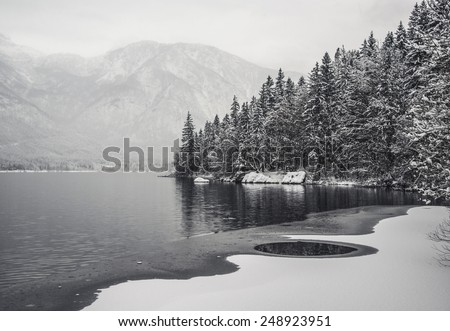 Dark Lake Reflection. Winter Fairytale at Bohinj Lake in Slovenia. Mystical landscape on a winter day with heavy snow. Cottages reflection in the Snow.