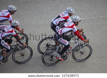 MERSIN, TURKEY - FEB. 08: Cyclists in action during turkey championship, Cycling Tour of Mersin on Feb. 08, 2013 in Mersin, Turkey