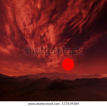 Red mountains and red sun