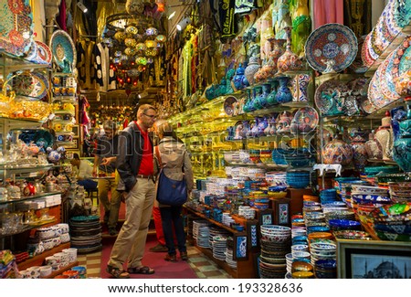ISTANBUL, TURKEY - MAY 05: The Grand Bazaar, considered to be the oldest shopping mall in history with jewelry,carpet, leather, gift, spice and souvenir shops. may 05, 2014 in Istanbul, Turkey.