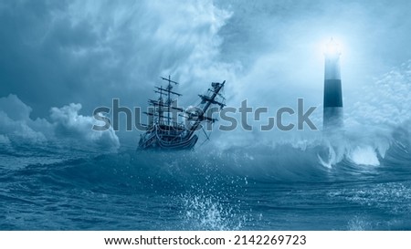 Old sailing ship at the stormy sea with lighthouse on the background and foreground power sea wave  Foto d'archivio © 