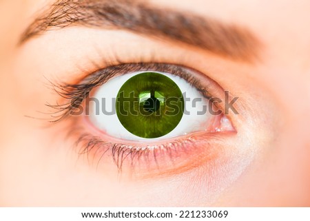 Closeup of human eye with green pupil.