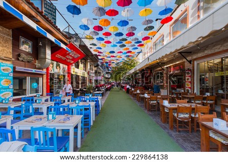 ANTALYA - TURKEY - NOVEMBER 08 :Restaurant and bar scene at day in kaleici, Antalya, Turkey on November 08, 2014. Kaleici is a popular destination for tourists
