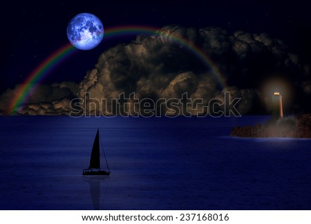 Sailing yacht and blue moon against rainbow \