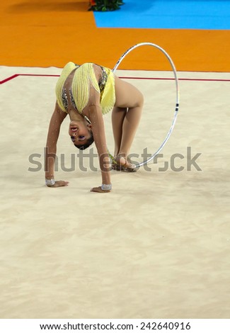 MERSIN - JUNE 29: Unidentified gymnast in action during the Mediterranean games Championships  in rhythmic gymnastic, Mersin, Turkey on June 29, 2013