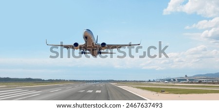 Similar – Image, Stock Photo An airplane takes off into the diffusely glowing sky