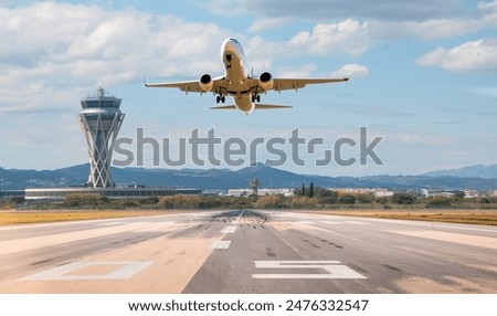 Image, Stock Photo An airplane takes off into the diffusely glowing sky