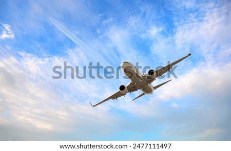 Similar – Image, Stock Photo Airplane flying over runway in countryside