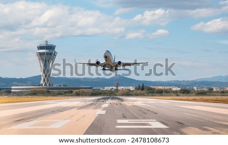 Similar – Image, Stock Photo An airplane takes off into the diffusely glowing sky