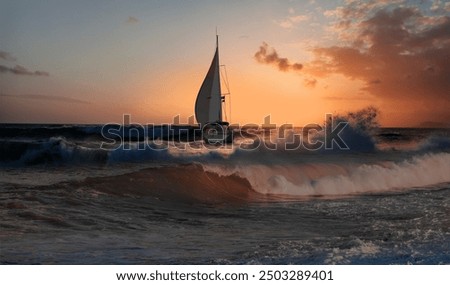 Similar – Foto Bild Segelyacht vor Anker in einer Bucht, durch Blätter einer Agave im Vordergrund gesehen, die ein Muster bilden