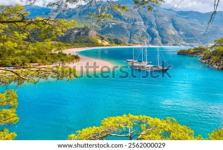 Similar – Foto Bild Segelyacht vor Anker in einer Bucht, durch Blätter einer Agave im Vordergrund gesehen, die ein Muster bilden