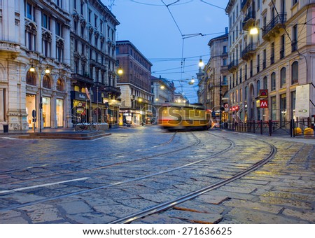 MILAN , ITALY - MARCH 24, 2015: Vintage tram on the city street in Milan
