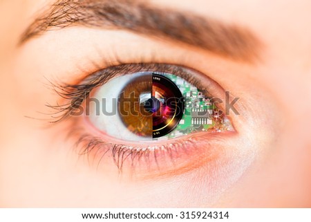 Eye close-up with technology background
