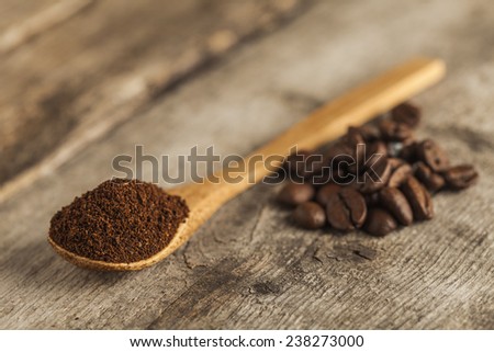 Ground coffee on a wooden spoon
