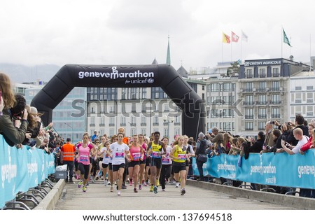 GENEVA - May 4: Unidentified athletes start the La Genevoise women\'s 5 km race at the 2013 Geneva Marathon for UNICEF, May 4, 2013 in Geneva, Switzerland won by Penuel Kiondo second from right.