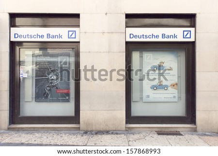 VERONA, ITALY Ã¢Â?Â? AUGUST 24: An outlet of Deutsche Bank, Verona, Italy, 24 August, 2013. In 2012, the bank employed 98,219 staff and had net income of Ã¢Â?Â¬291 million, compared to Ã¢Â?Â¬4,326 million in 2011.