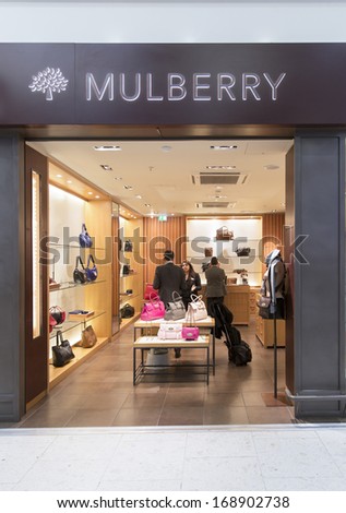 LONDON - DECEMBER 16: A Mulberry store December 16, 2013 Heathrow, London, England. Mulberry had revenue of £78 million (up 2%) in the 6 months ended 30 September 2013.