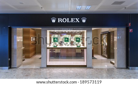 GENEVA, SWITZERLAND - April 15, 2014: A Rolex outlet. Rolex is a worldwide luxury watch brand relying on 4,000 watchmakers in over 100 countries.