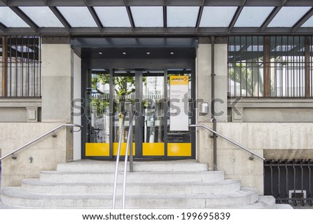 GENEVA, SWITZERLAND - MAY 31, 2014: A Swiss Post Office outlet. In the first quarter of 2014, Swiss Post achieved a Group profit of 199 million francs (previous year: 222 million francs).
