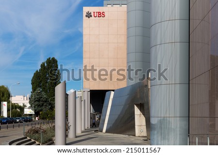 GENEVA, SWITZERLAND - SEPTEMBER 2, 2014: Offices of UBS bank. UBS is a global firm providing financial services in over 50 countries. In 2013 it increased profits by 44 per cent to CHF 4.1 billion.