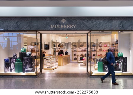 LONDON, ENGLAND  OCTOBER 15, 2104: A Mulberry store. Mulberry is an English design company mainly of luxury fashion bags. It had revenue for the year ended 31 March 2014 of  GBP 163.5 million.