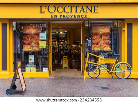 DUBLIN, IRELAND OCTOBER 3, 2104: A L'Occitane en Provence store. Based in Manosque, France, it is an international retailer of body, face, and home products and is listed on the Hong Kong SE.